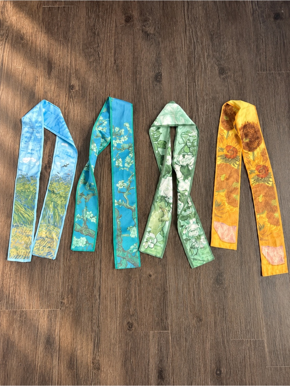 Silk Floral Skinny Scarf - Multicolor (Blue, Teal, Green, Yellow)
